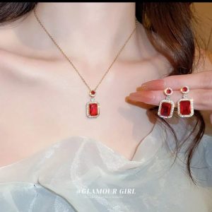Red stone 3pcs pendent, earring and Finger ring All together in one set