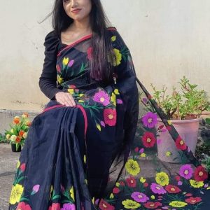 হাফ সিল্ক হ্যান্ড প্রিন্ট শাড়ি