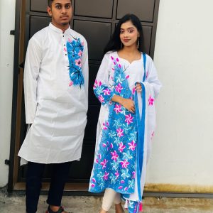 হ্যান্ড প্রিন্ট ৩ পিস পান্জাবী কাপল ড্রেস সেট