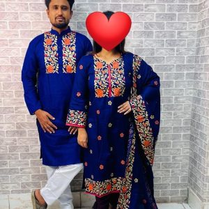 হ্যান্ড প্রিন্ট ৩ পিস পান্জাবী কাপল ড্রেস সেট