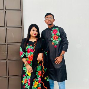 হ্যান্ড প্রিন্ট ৩ পিস পান্জাবী কাপল ড্রেস সেট