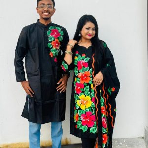 হ্যান্ড প্রিন্ট ৩ পিস পান্জাবী কাপল ড্রেস সেট